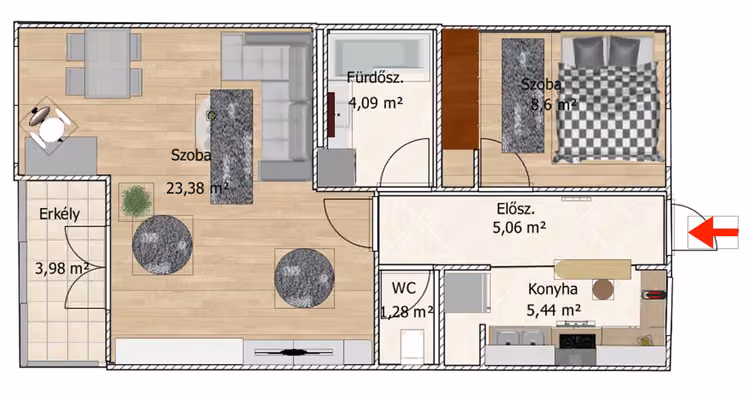 Panoráma lakóparkban, szuper jó elosztású erkélyes lakás - Alaprajz 2D - -